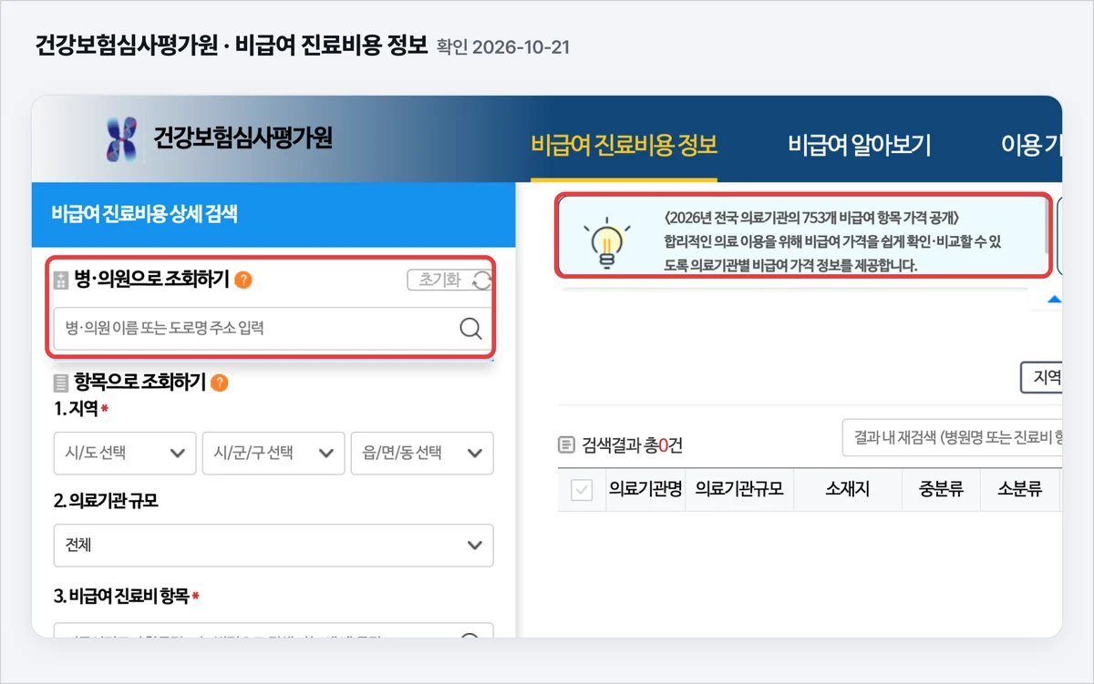 건강보험심사평가원 비급여 진료비용 정보, 2026년 전국 의료기관의 753개 비급여 항목 가격 공개와 병의원 조회