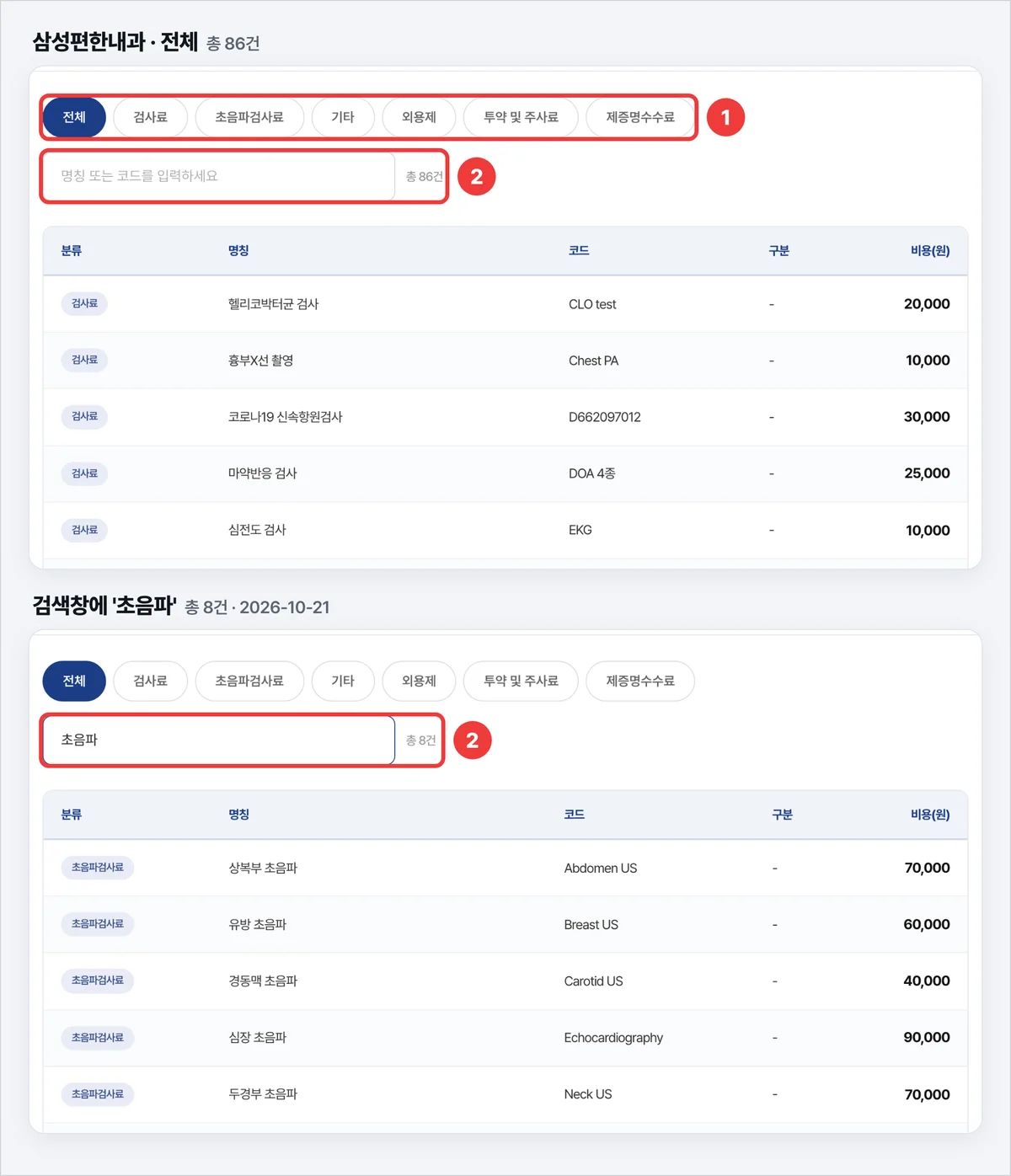 삼성편한내과 비급여항목안내, 분류 탭과 검색창, 전체 86건에서 초음파를 검색하면 8건