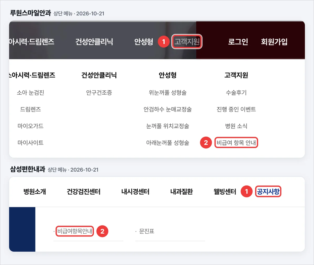 루원스마일안과 고객지원 메뉴의 비급여 항목 안내, 삼성편한내과 공지사항 메뉴의 비급여항목안내