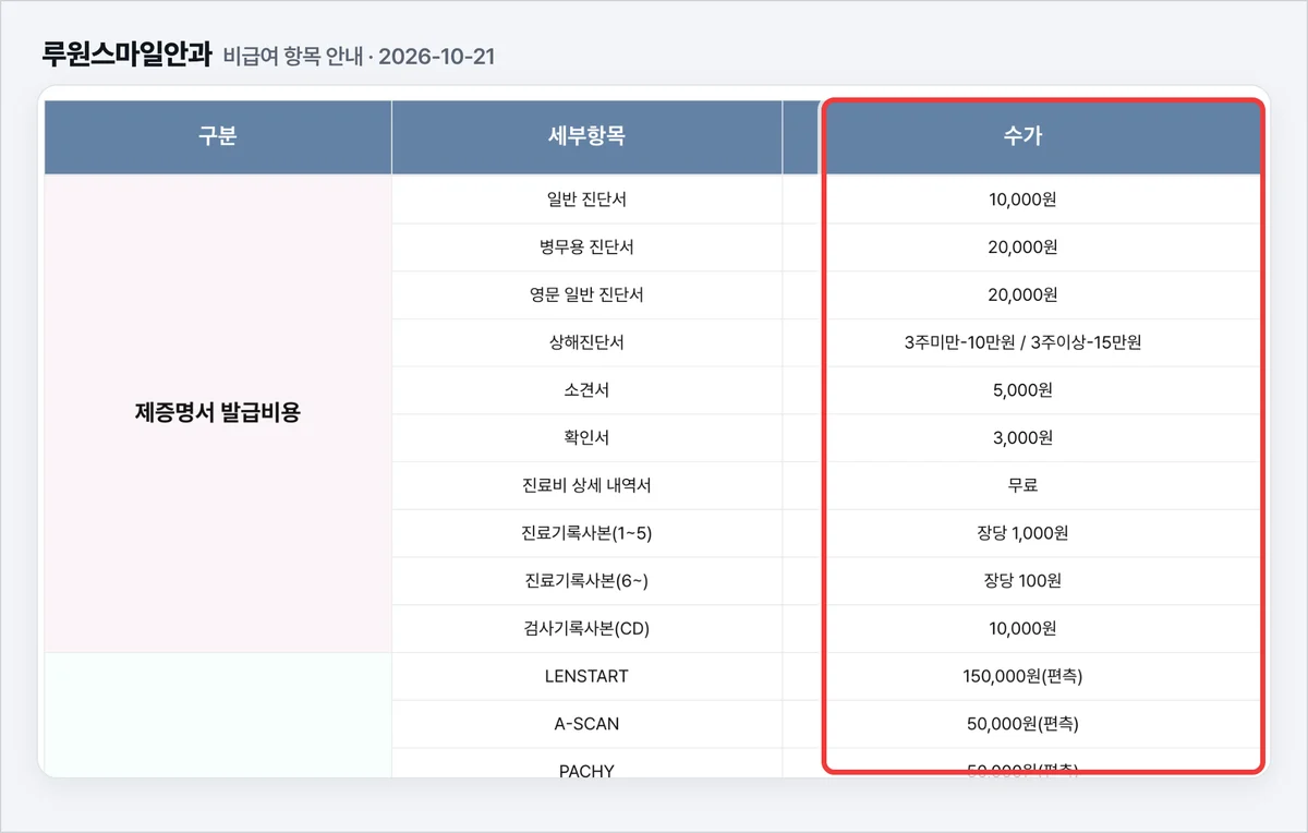 루원스마일안과 비급여 항목 안내 표, 구분과 세부항목과 수가 열에 가격이 글자로 바로 보임