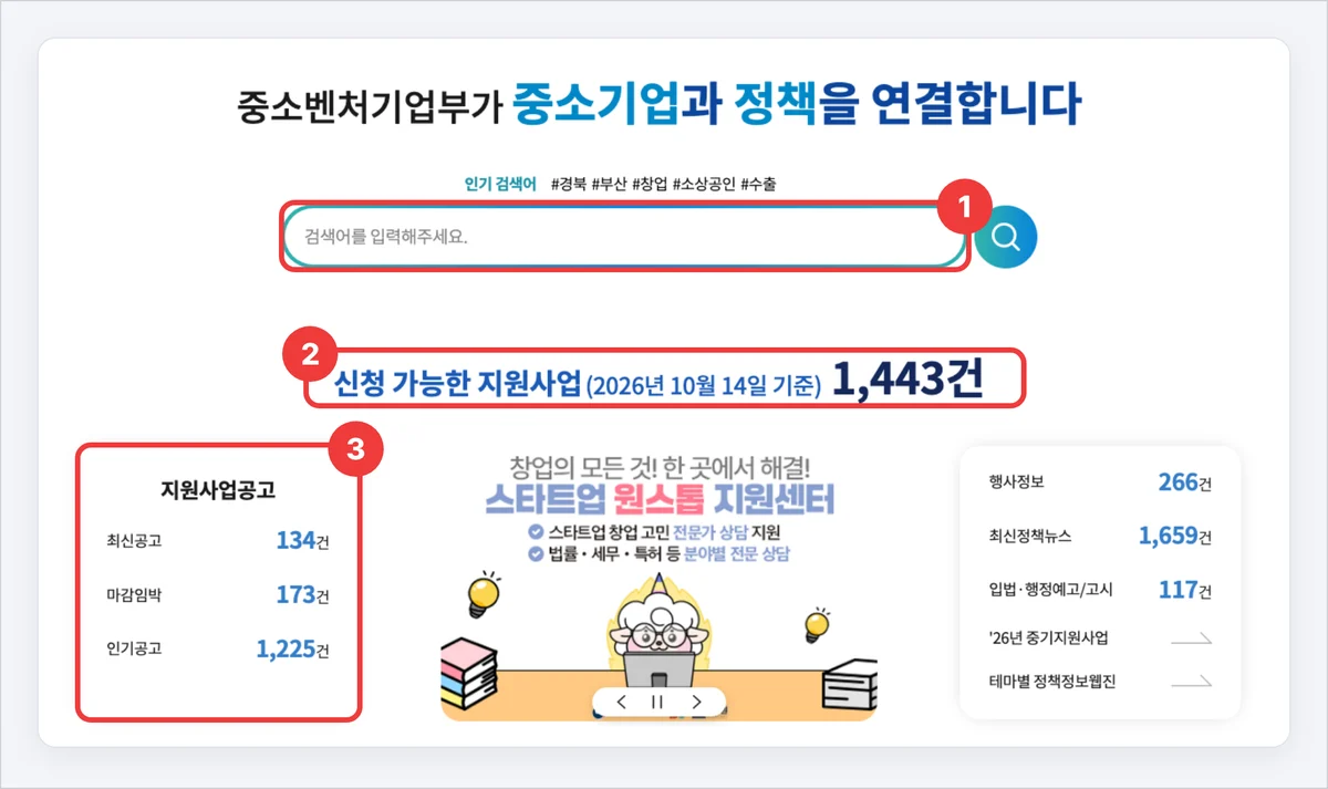 기업마당 첫 화면의 검색창과 신청 가능한 지원사업 수(2026년 10월 14일)
